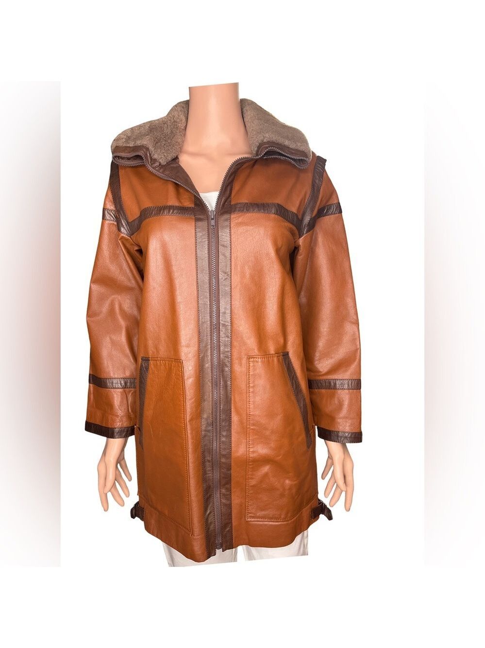 Vegan Leather Long Coat with Faux Fur Collar Medium
